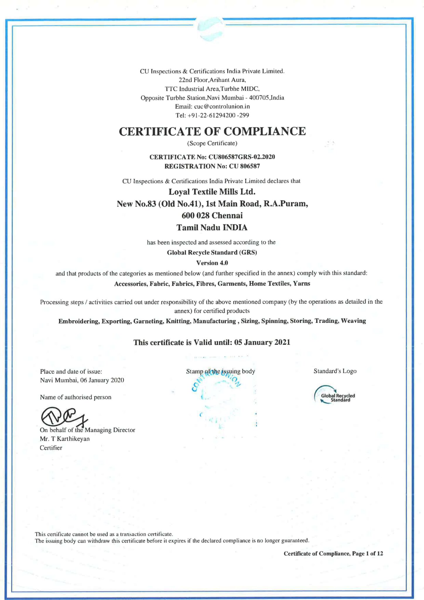 Certification - Loyal Textiles