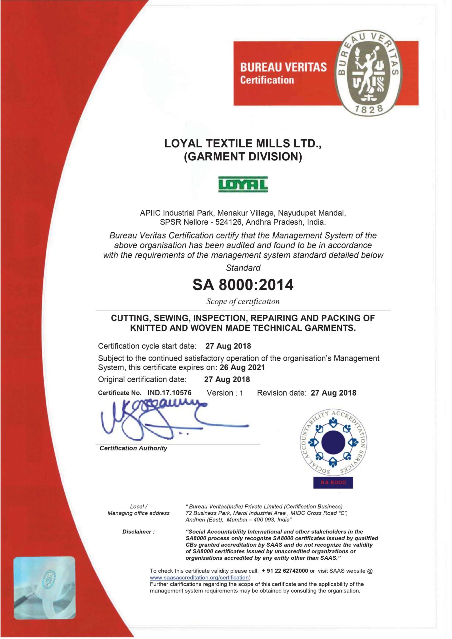 Certification Loyal Textiles