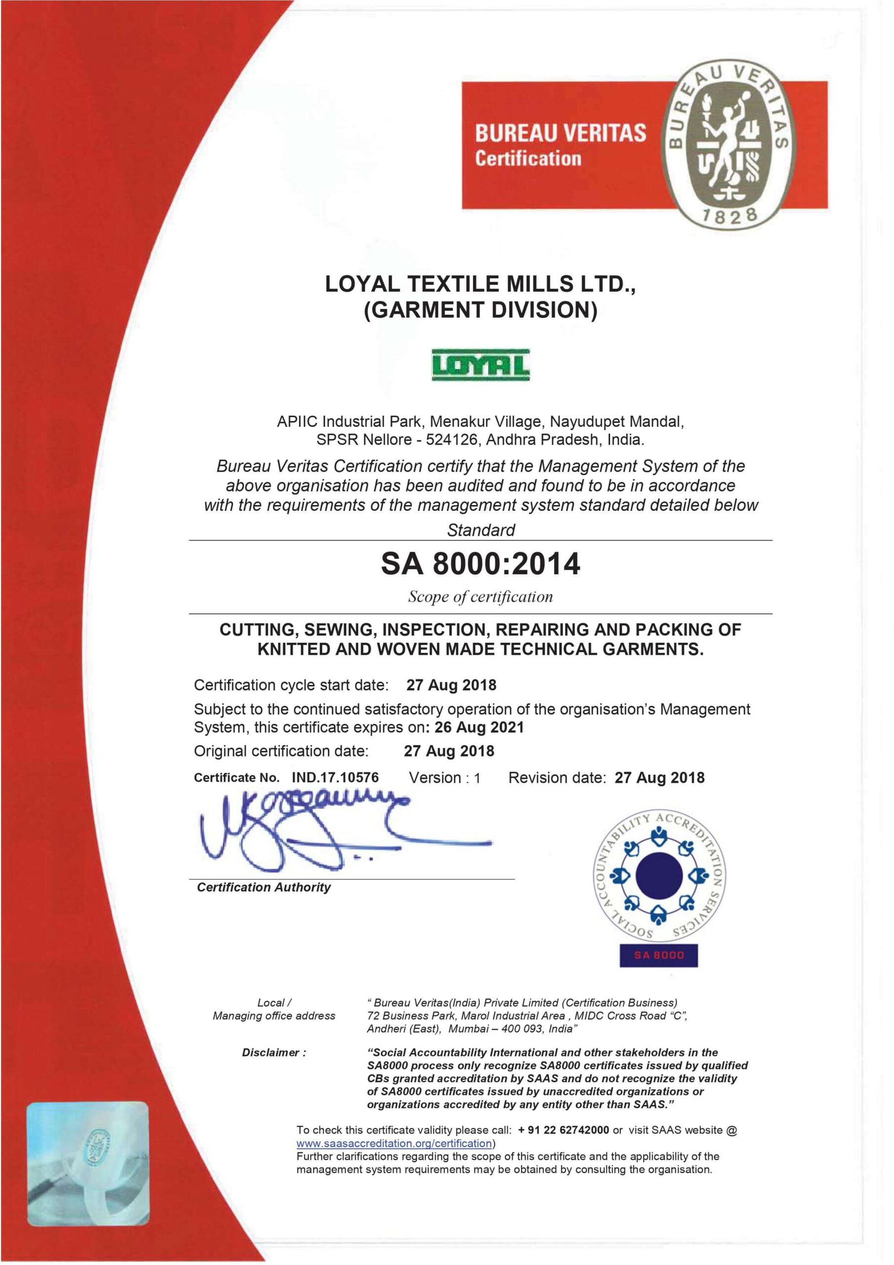 Certification Loyal Textiles